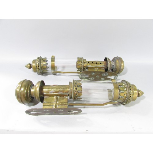 655 - A pair of first class brass carriage lights, GWR raised on a copper plaque, 35cm high.