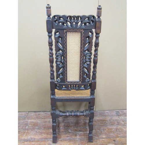 1620 - Set of eight Carolean style dining chairs in oak, with traditional carving and caned panel seats and... 