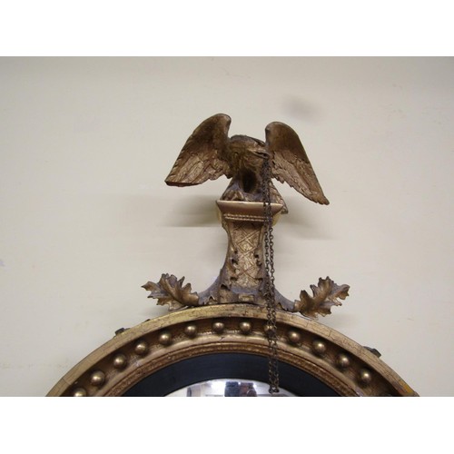 1638 - A regency convex mirror surrmounted by an eagle, supporting two candle sconces with original gilding... 