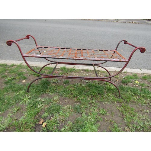 1064 - A weathered heavy gauge Regency style stool with strapwork lattice seat 58 cm high x 126 cm long x 4... 