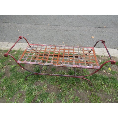 1064 - A weathered heavy gauge Regency style stool with strapwork lattice seat 58 cm high x 126 cm long x 4... 