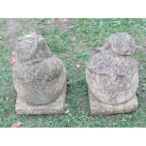 1095 - Two weathered cast composition stone garden ornaments in the form of seated sleeping gargoyles 38 cm... 