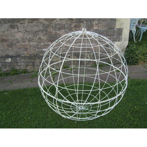 1072 - A large hanging white coated wire work hanging garden sphere, 100cm diameter