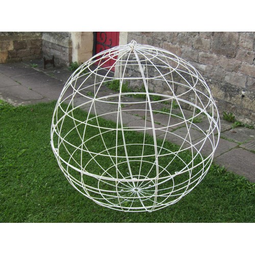 1072 - A large hanging white coated wire work hanging garden sphere, 100cm diameter