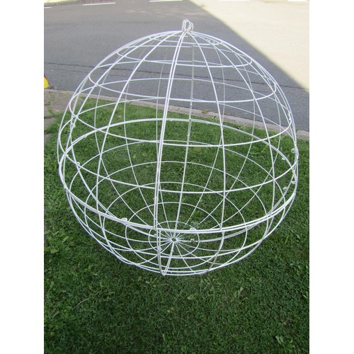 1072 - A large hanging white coated wire work hanging garden sphere, 100cm diameter