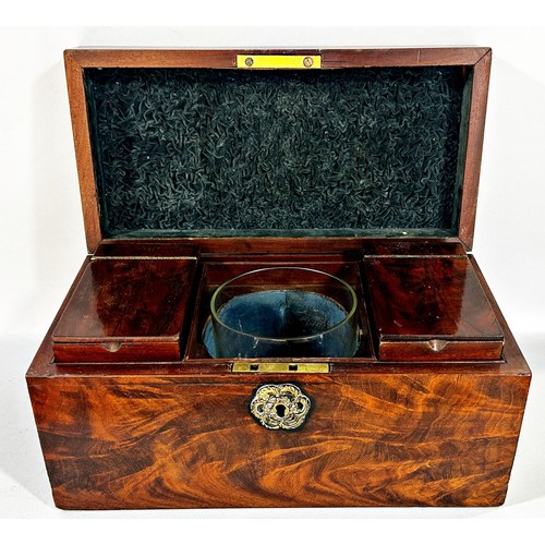 672 - A Regency mahogany tea caddy, with two mahogany caddies and glass mixing bowl, 30cm wide.