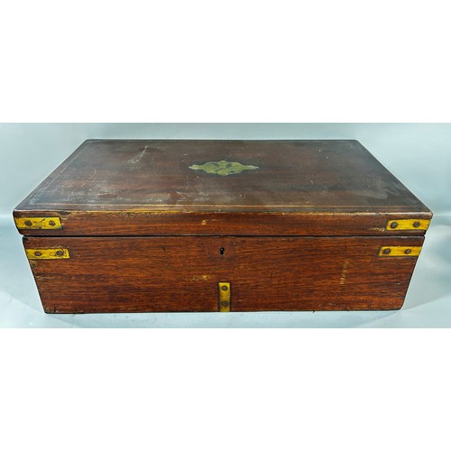 658 - A 19th century military mahogany and brass banded writing slope, currently locked.