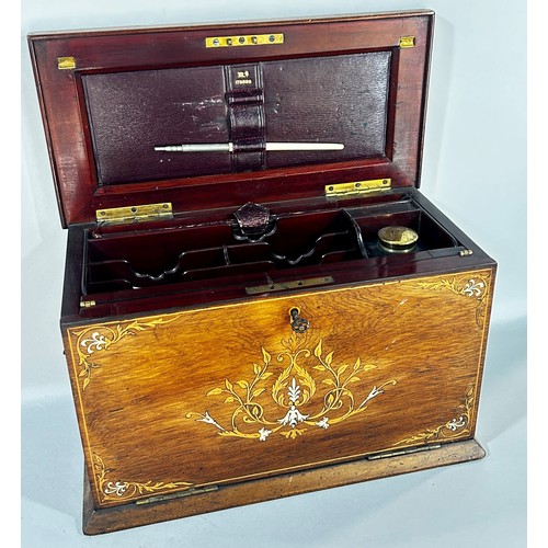 680 - An inlaid Edwardian stationery box, with a hinged top releasing a fall front red Morocco leather lin... 