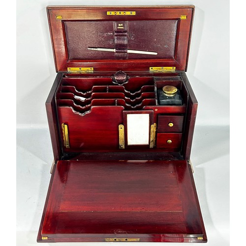 680 - An inlaid Edwardian stationery box, with a hinged top releasing a fall front red Morocco leather lin... 