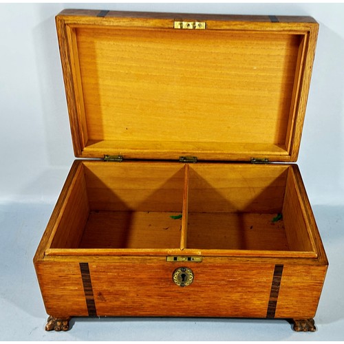 692 - An old oak box with rosewood banding and two sections inside raised on claw feet. 33cm wide.