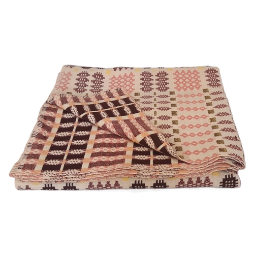 912 - Traditional vintage woollen Welsh blanket in reversible double weave in cream, brown, pink and yello... 