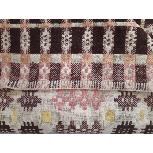 912 - Traditional vintage woollen Welsh blanket in reversible double weave in cream, brown, pink and yello... 