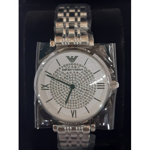 10 - Emporio Armani 32mm ladies watch with a white and pavé dial, two-hand quartz movement and a polished... 