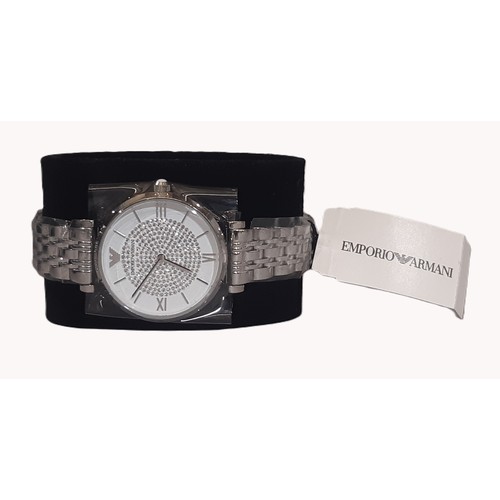 10 - Emporio Armani 32mm ladies watch with a white and pavé dial, two-hand quartz movement and a polished... 