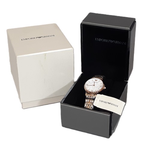 21 - Emporio Armani 32mm ladies watch with a white and pavé dial, two-hand quartz movement and a two tone... 