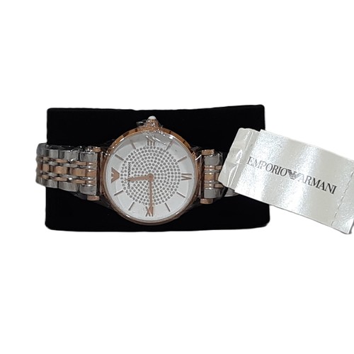 21 - Emporio Armani 32mm ladies watch with a white and pavé dial, two-hand quartz movement and a two tone... 