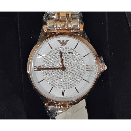 21 - Emporio Armani 32mm ladies watch with a white and pavé dial, two-hand quartz movement and a two tone... 