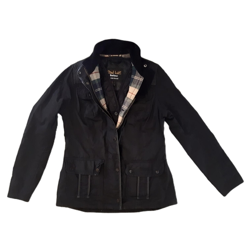 43 - Barbour for Land Rover women's black oilskin jacket with corduroy collar and tartan lining, together... 