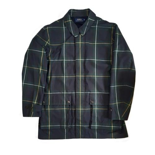 45 - Ralph Lauren Polo water-proof jacket in checked oil cloth with zipped and buttoned front, 2 large po... 