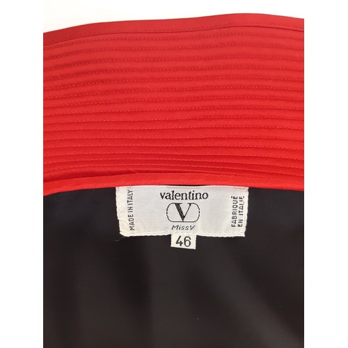 47 - Black velvet dress by Valentino with quilted red silk yoke, buttoned front, gathered and pleated wai... 