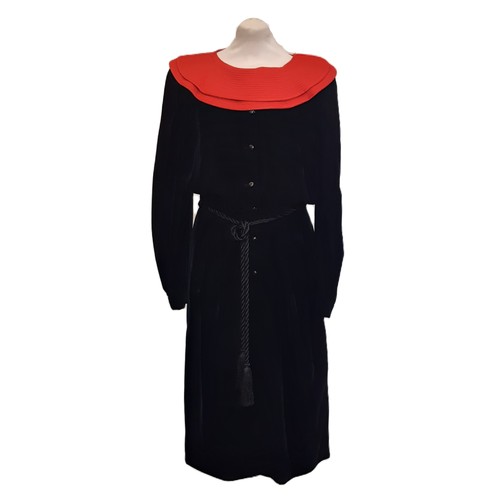 47 - Black velvet dress by Valentino with quilted red silk yoke, buttoned front, gathered and pleated wai... 