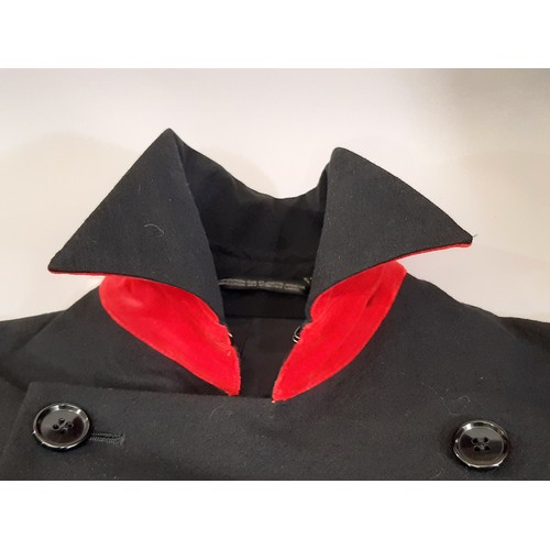 49 - Black ladies' jacket by Yohj Yamamoto, double breasted in wool/ cotton mix with red velvet contrast ... 