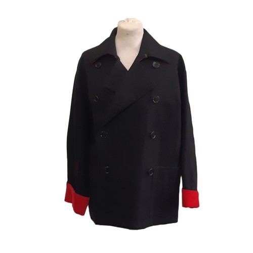 49 - Black ladies' jacket by Yohj Yamamoto, double breasted in wool/ cotton mix with red velvet contrast ... 