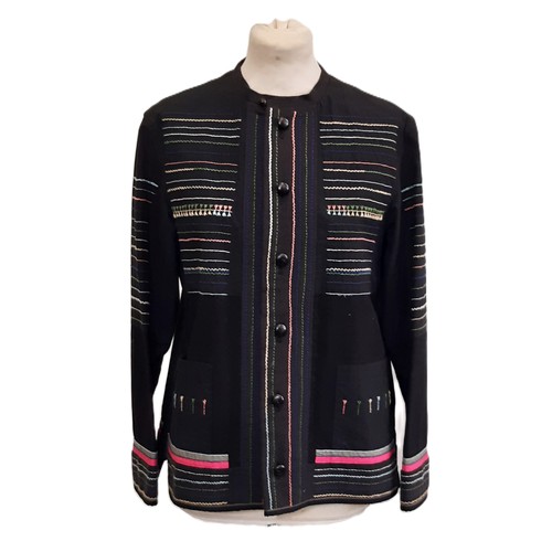 50 - Ladies' jacket by Haat in black hemp/ cotton mix with textured embroidered bands at collar, front ed... 