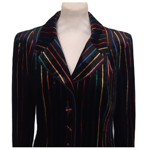 52 - Velvet jacket by Caroline Charles in colourful stripe design with black cord edging detail at collar... 