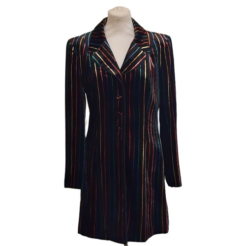 52 - Velvet jacket by Caroline Charles in colourful stripe design with black cord edging detail at collar... 