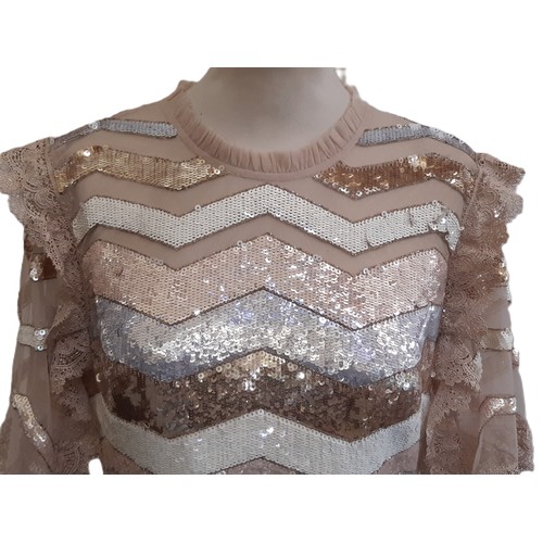 56 - Sequined evening dress by Needle & Thread, with bands of  gold, silver, white and taupe sequins trim... 