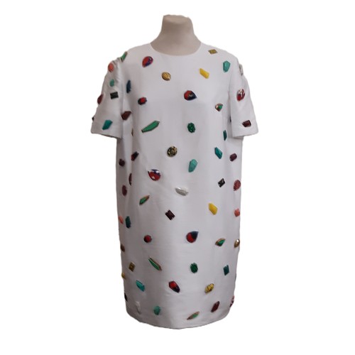 58 - Short sleeved shift dress by Stella McCartney in white with coloured stone embellishments. No size l... 