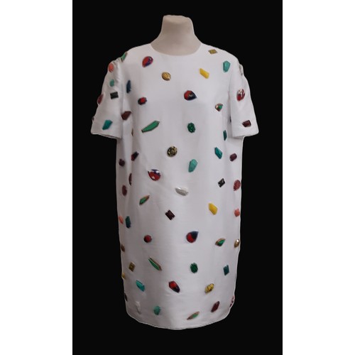 58 - Short sleeved shift dress by Stella McCartney in white with coloured stone embellishments. No size l... 