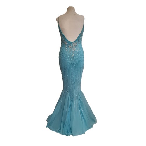 62 - Evening dress by Sagaie in  turquoise silk with beading to front and back and with stretch quality f... 