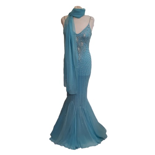 62 - Evening dress by Sagaie in  turquoise silk with beading to front and back and with stretch quality f... 