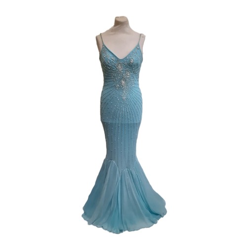 62 - Evening dress by Sagaie in  turquoise silk with beading to front and back and with stretch quality f... 