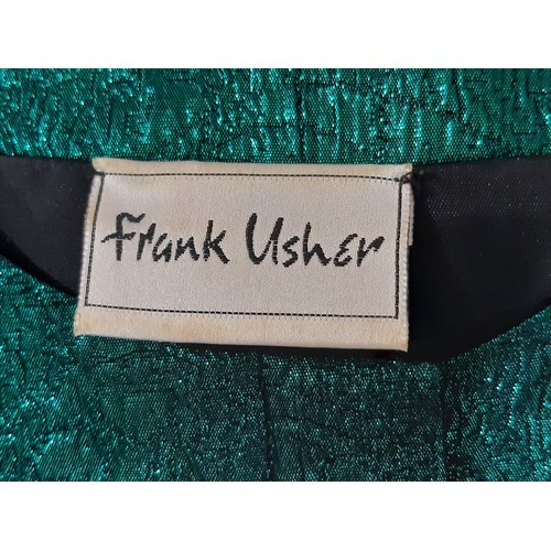 66 - Ladies' evening jacket by Frank Usher in emerald metallic fabric with black velvet band detail to ba... 