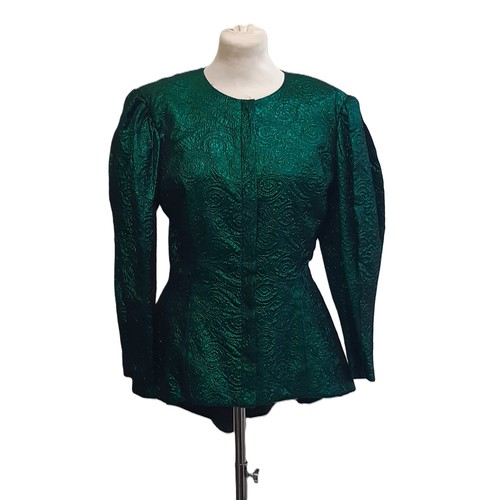 66 - Ladies' evening jacket by Frank Usher in emerald metallic fabric with black velvet band detail to ba... 