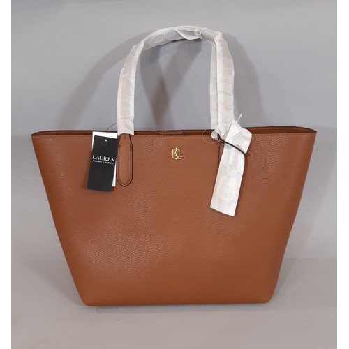 85 - Ralph Lauren Tote Bag in tan coloured pebbled faux leather with inner removeable zip pouch and LRL e... 