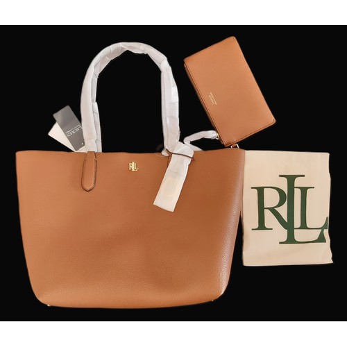 85 - Ralph Lauren Tote Bag in tan coloured pebbled faux leather with inner removeable zip pouch and LRL e... 