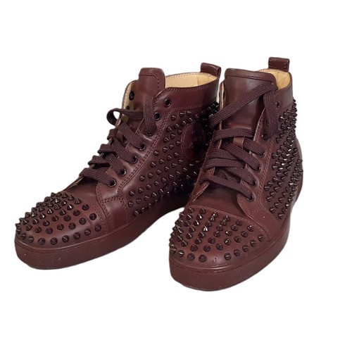 94 - Christian Louboutin Spiked high cut sneakers in burgundy leather with leather lining and dust bags s... 