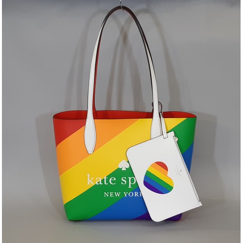 95 - Rainbow Pride Tote Bag by Kate Spade in bright colours with attached matching purse. 36x26x13cm