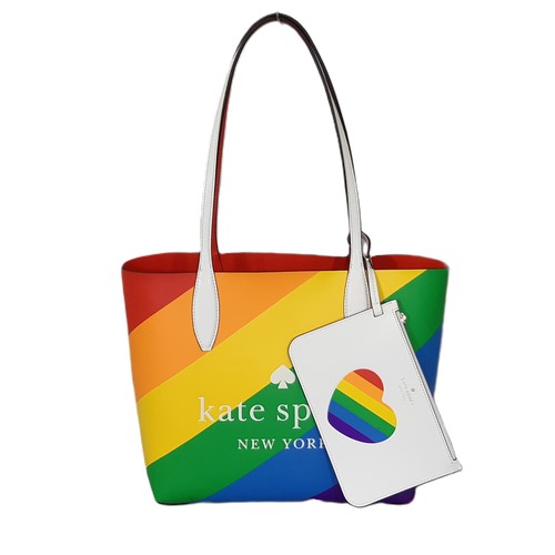 95 - Rainbow Pride Tote Bag by Kate Spade in bright colours with attached matching purse. 36x26x13cm