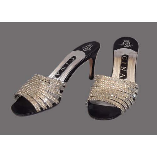 97 - Pair of Gina sandals with silver/ diamante straps and leather soles. Size 3