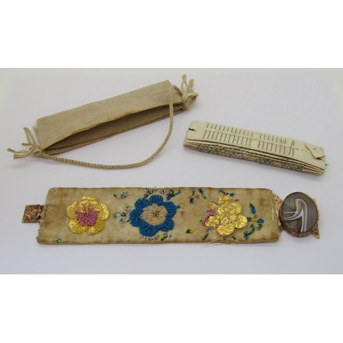 409 - Georgian velvet bracelet with floral gold foil and beadwork decoration, with associated period yello... 