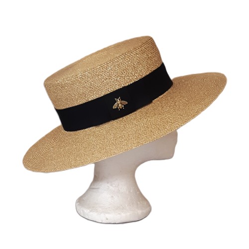 102 - Boater Hat by Gucci  in gold with iconic Bee embellishment, size L58  with box