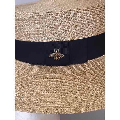 102 - Boater Hat by Gucci  in gold with iconic Bee embellishment, size L58  with box