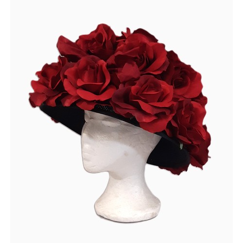 103 - Occasion Hat by Fred Bare Headwear featuring red roses over a black straw hat, with box