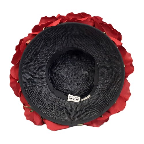 103 - Occasion Hat by Fred Bare Headwear featuring red roses over a black straw hat, with box