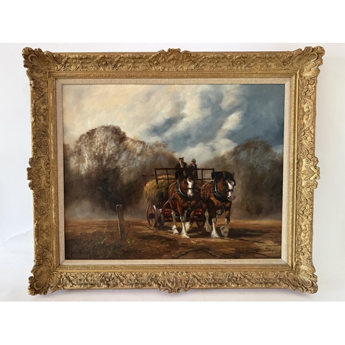 1805 - John Trickett (b.1952) - Horses pulling a hay wagon, oil on canvas, signed below, 61 x 76 cm, frame ... 